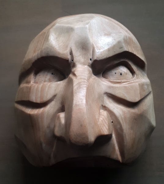 Wood mask by Alexandra Simpson. Sartori International mask workshop, 2019.