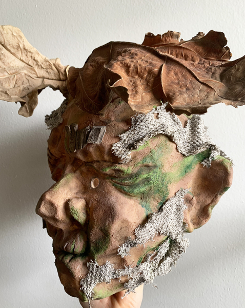 Worbla found material mask-series anti-extractivism. Mask by Alexandra Simpson, Animacy Theatre Collective.